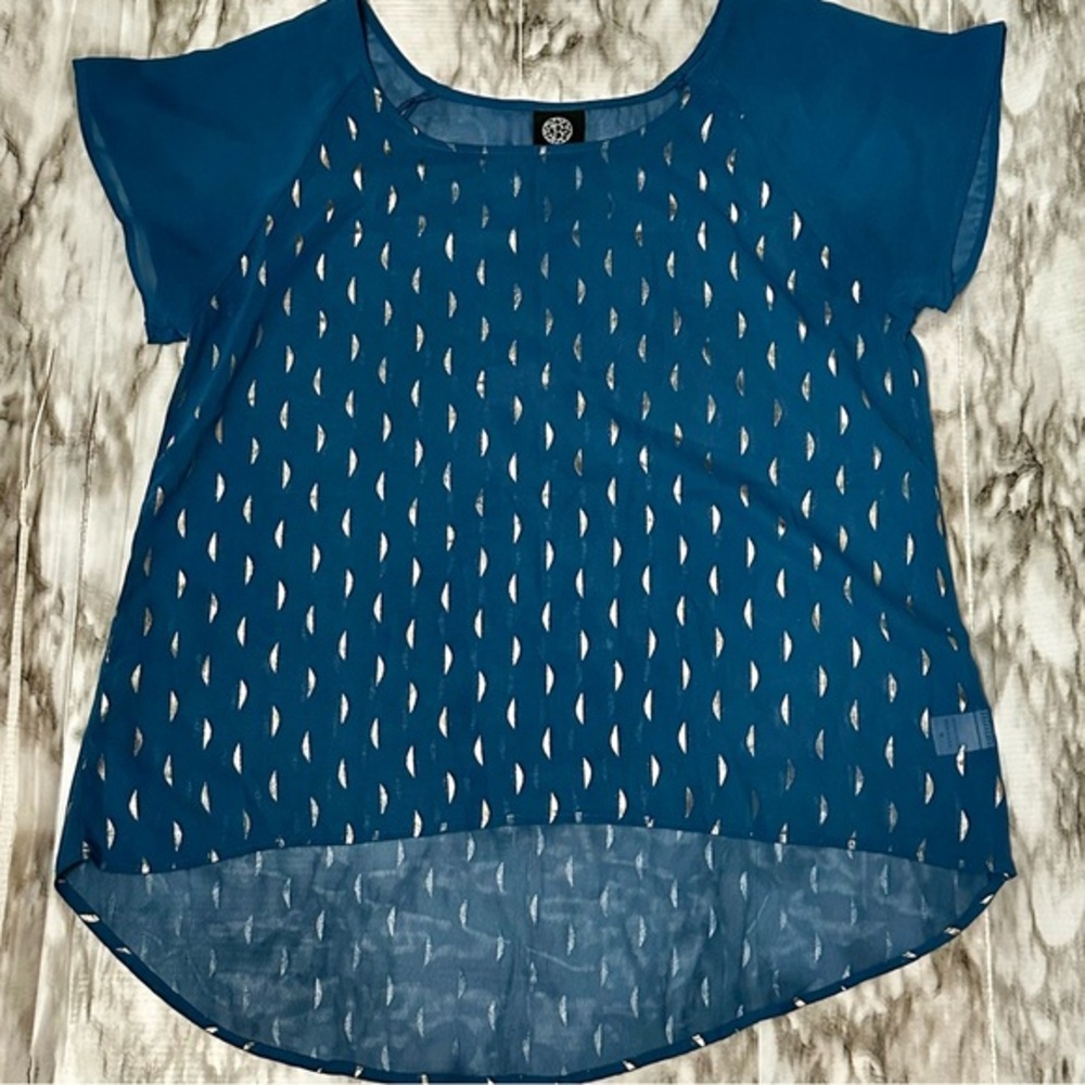 Bobeau Blue Sheer Blouse Golden Accents Boho Chic Witchy Lightweight Flowy Fun